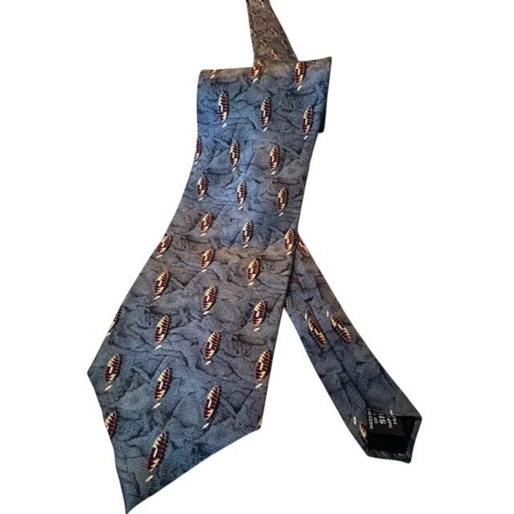 Bill Blass Black Label Mens Silk Necktie Blue Grey Football Pattern Made in USA